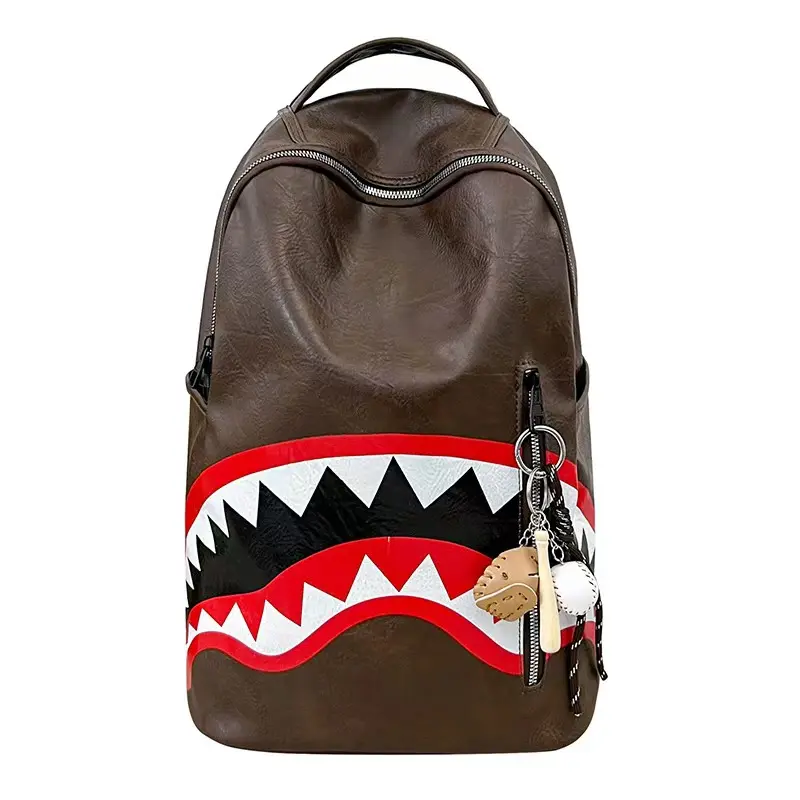 Sprayground Brown Faux‑Leather Shark Teeth Strip Print Backpack With Baseball Keychain, Hype Streetwear Large Capacity Laptop Backpack, Durable Fashion School Travel Backpack For Teen Boys Back To School Daily Casual Use