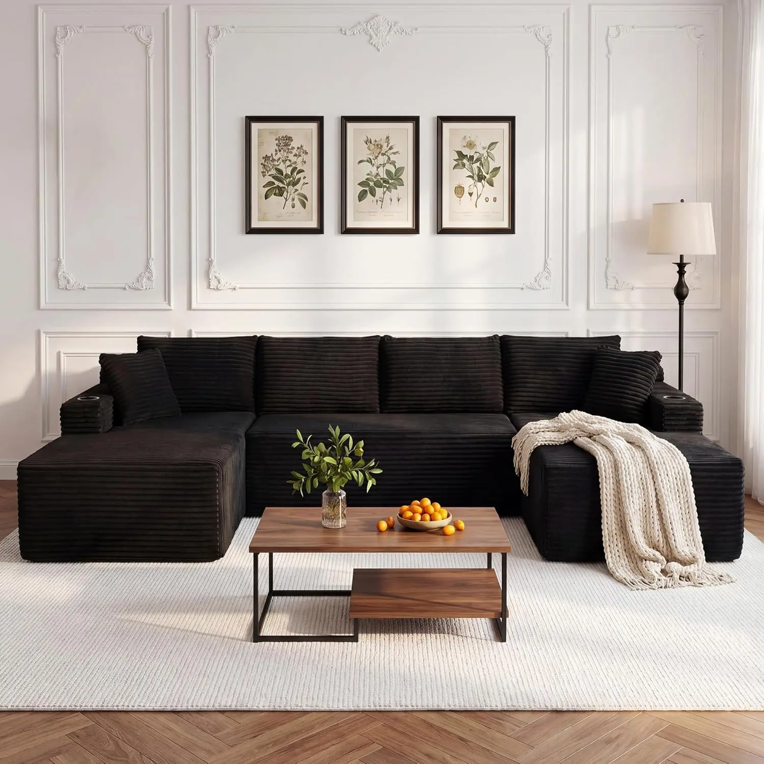 134" Modular Cloud Couch Sectional, U-Shaped Boneless Sleeper Sofa with Side Pockets & Cup Holders, Oversized 4-Seater Modern Deep Seat Corduroy Couch for Living Room, No Assembly Required, Black, 1200 Pounds, 133.50 X 66.00 X 26.00 Inches