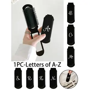 Balck 2-In-1 Foldable Hair & Makeup Mirror, Travel Hand Mirrors, Portable, Tabletop, 180 °, Contemporary Beauty Tool For Travel, Alphabet Letter & White Heart Shaped Initials A-Z Pattern, Folding Comb With Makeup Mirror, Easy To Carry