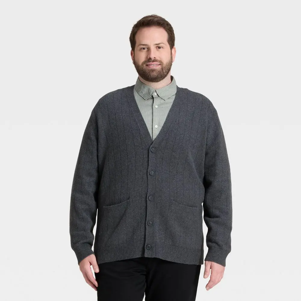 Men’s Big & Tall Soft Knit V-Neck Cardigan Sweater - Goodfellow & Co Dark Gray 3XL