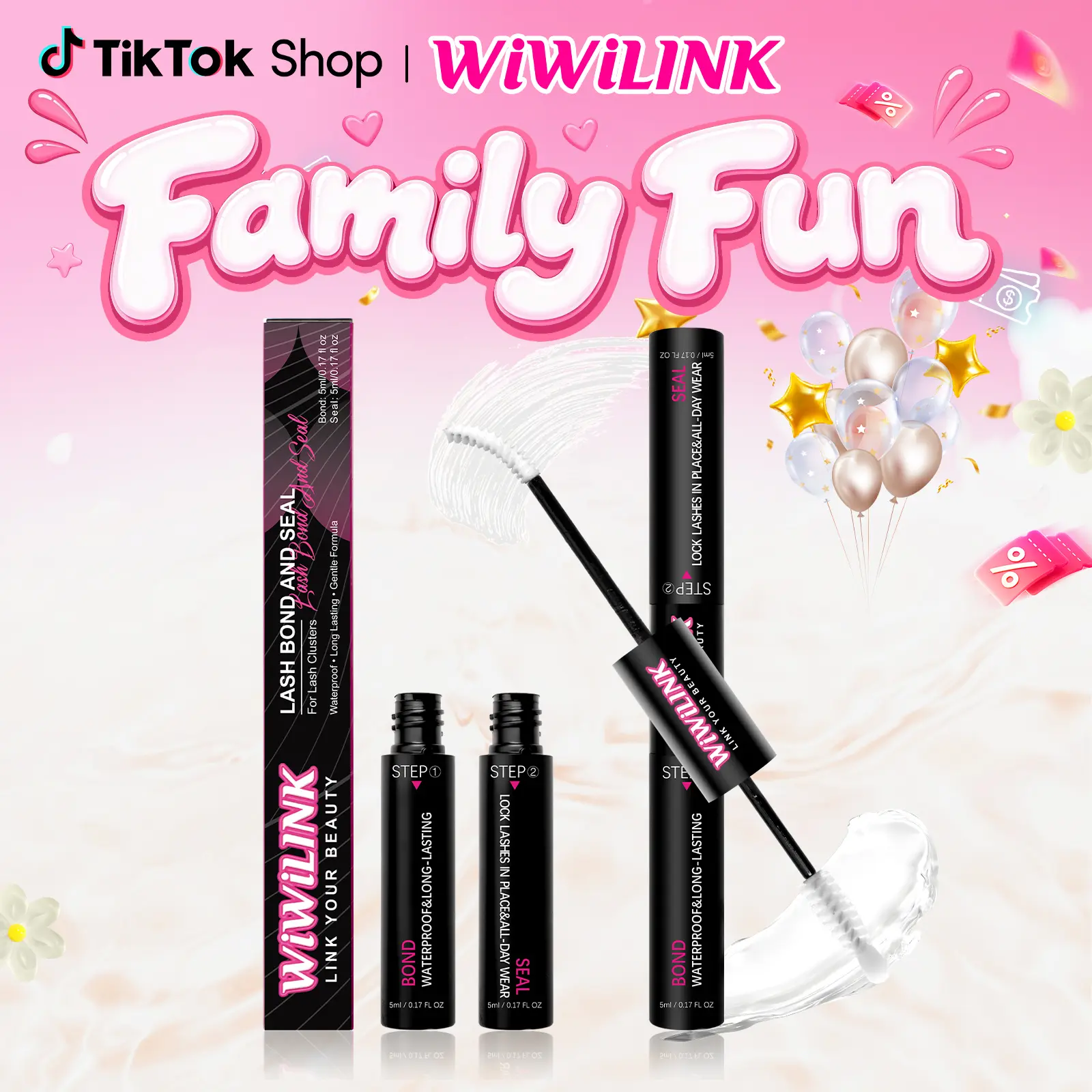WiWiLINK Lash Cluster Bond Seal Set, Multi-Pack with 5ml+5ml White Waterproof Liquid Eyelash Adhesive Bottles & 5ml Gentle Liquid Lash Extension Remover Bottle for At-Home Makeup