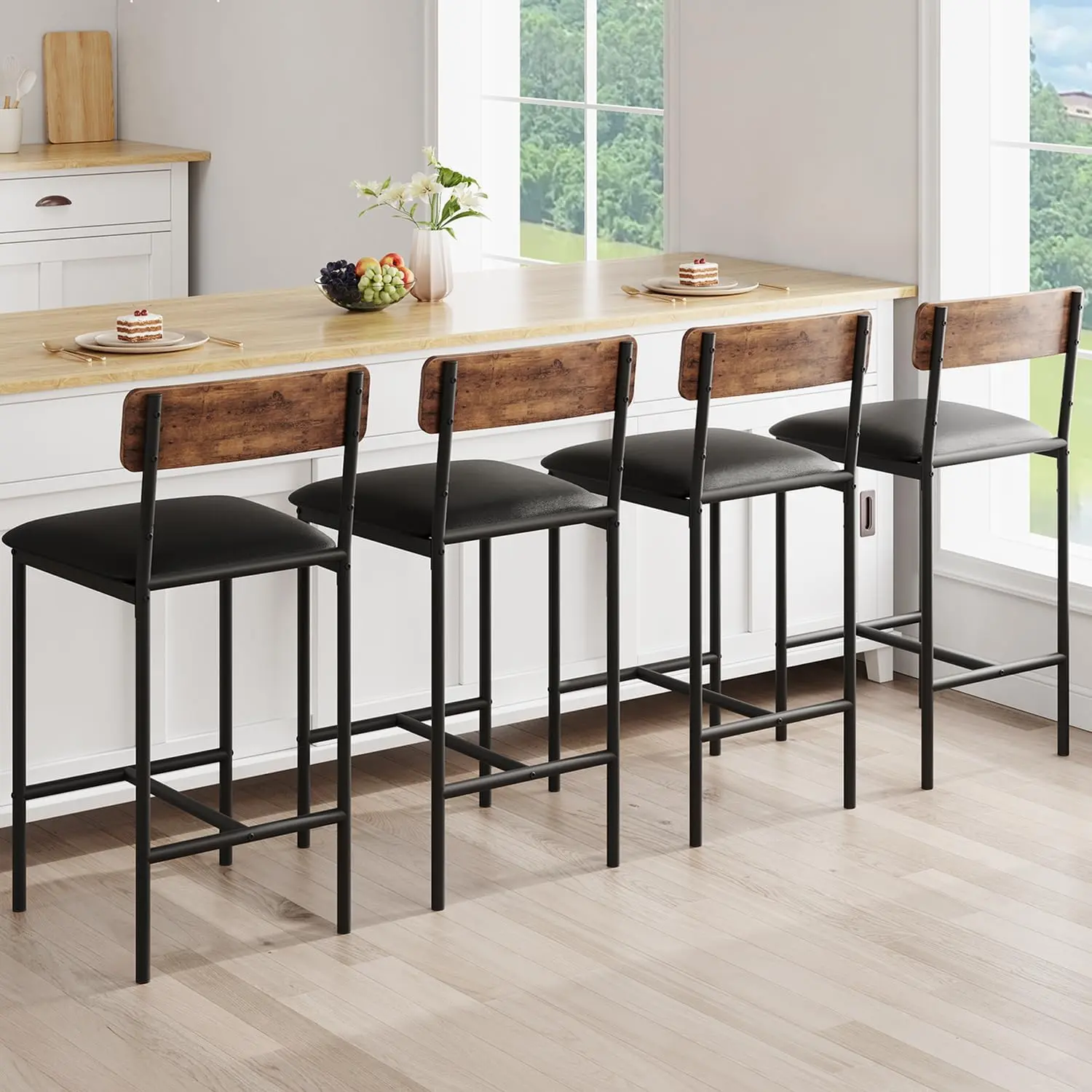 Gaomon 4-Piece PU Upholstered Counter Height Barstools - Back-Friendly, Easy-Assembly, Brown with Backrest, Footrest - for Kitchen Island, Counter Bar, Barstool