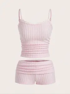 Autumn Winter Comfortable Cute Lace Trim Adjustable Strap Top & Shorts Set, Slim-Fit Plain Knit Fabric, Perfect for Casual Wear