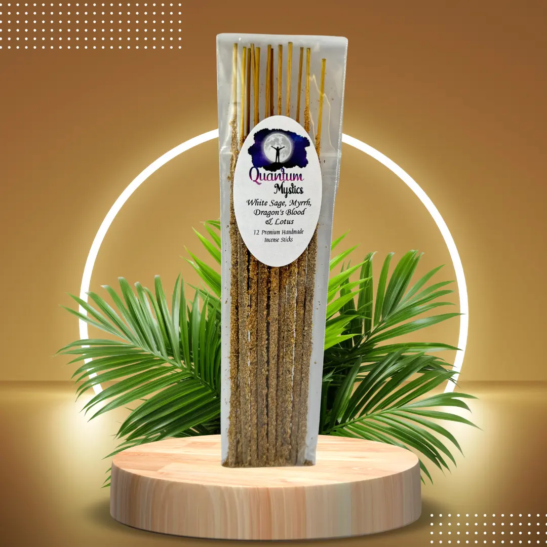White Sage, Myrrh, Dragon's Blood & Lotus, Handmade Artisanal Incense Sticks - Set of 12, Bamboo Charcoal