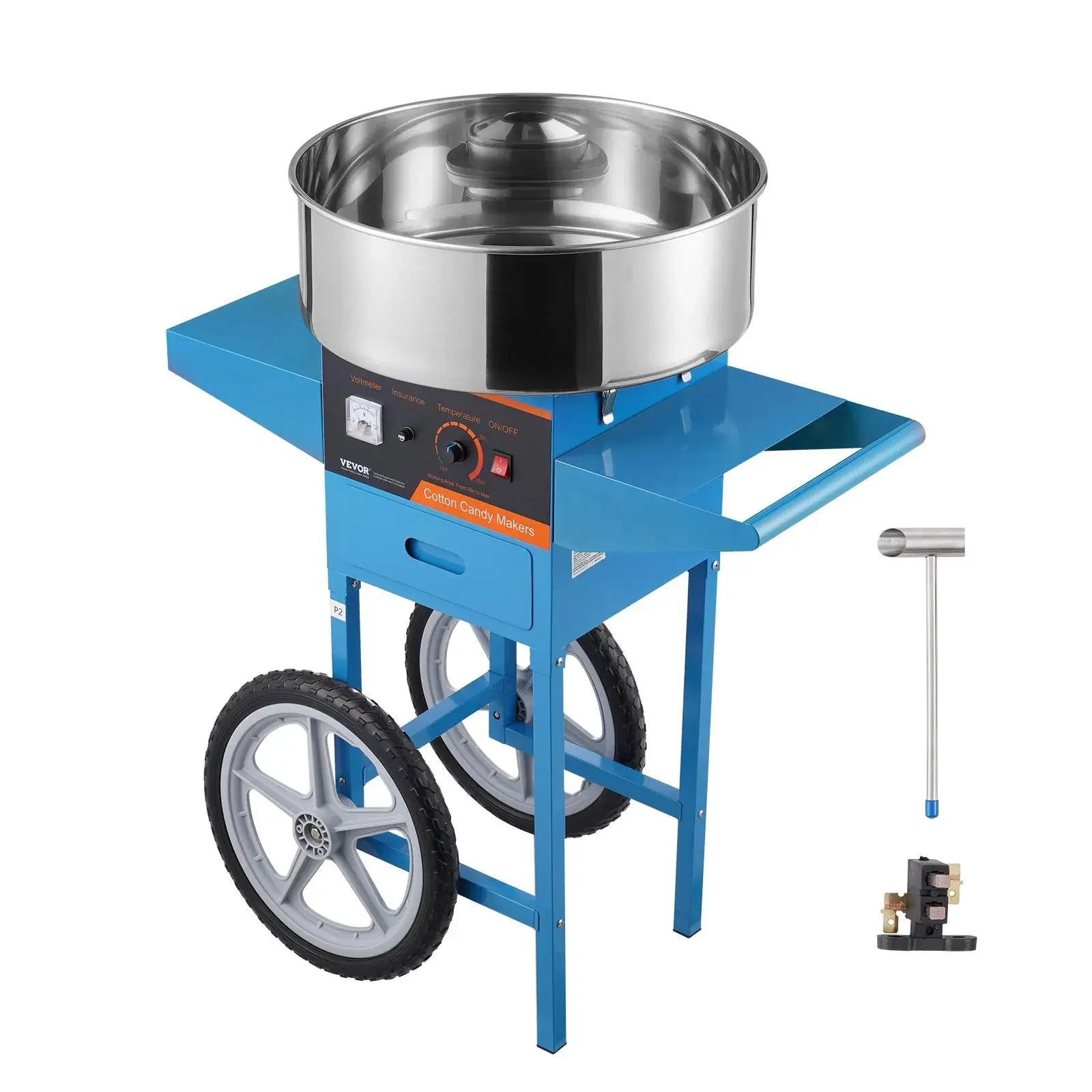 VEVOR 1000W Commercial Electric Cotton Candy Machine with Cart, Stainless Steel Bowl, Sugar Scoops & Drawer, 439.2°F Operation, Ideal for Home, Carnivals, Festivals, Blue, Temp Control