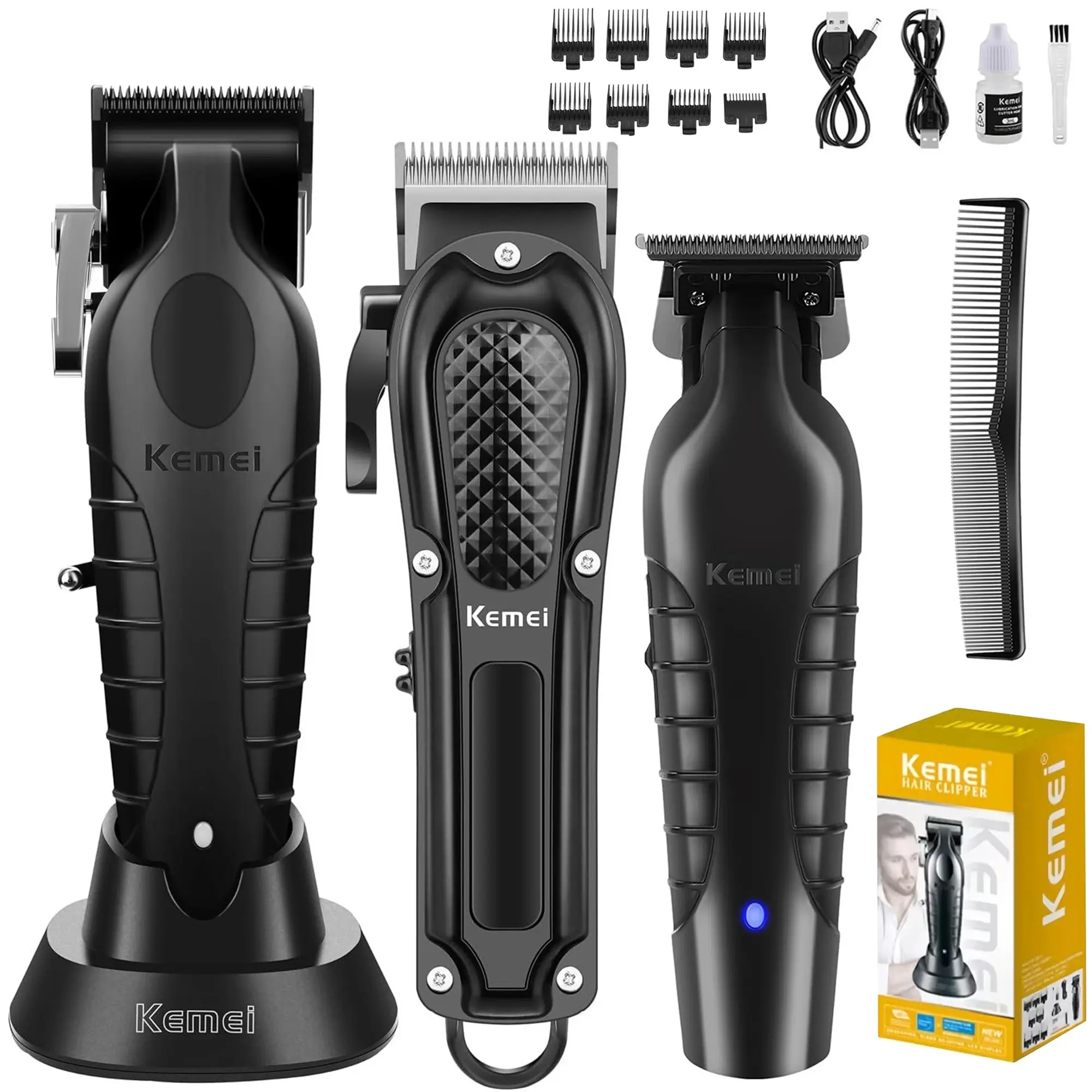 KEMEI 3 IN 1 Clipers Set KEMEI 2296 & KEMEI 1071 & KEMEI 2299 Black Hair Clippers for Men with LED Display Cordless Professional 0-Gapped Hair Trimmer & Barber Cutting Kit for Men, Ideal Gift for Men Beard and Hair Grooming