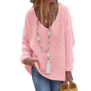 Solid V-Neck Knit Pullover Sweater, Casual Long-Sleeve Sweater for Spring and Autumn, Women’s Top/Cardigan