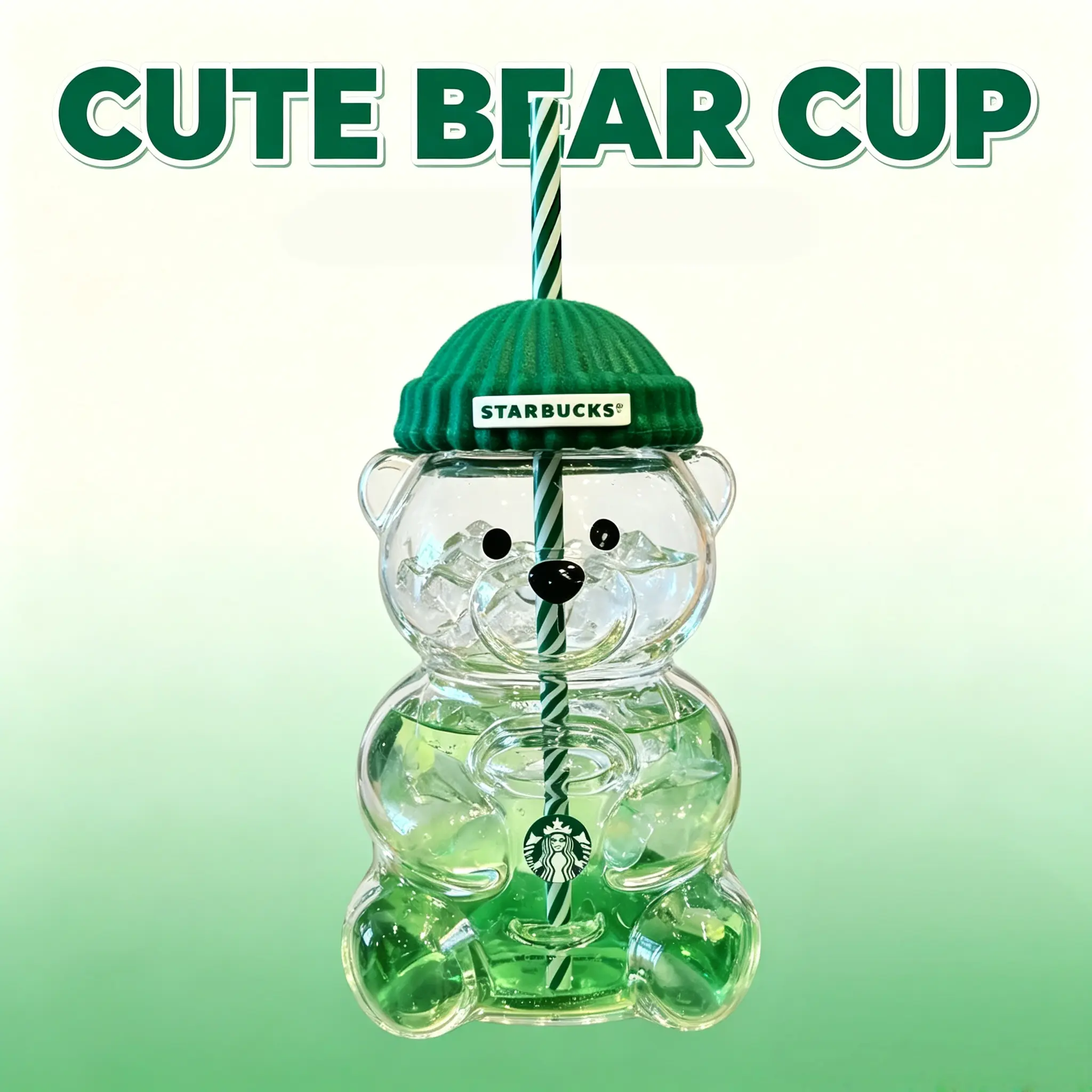 Starbucks Limited Edition 20oz Cute Bear Glass Cup with Straw, Beanie Lid Reusable Iced Coffee Glass Tumbler for Cold Drinks