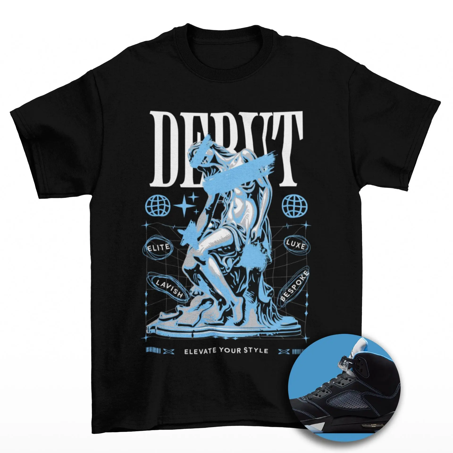Debut Jordan 5 Black University Blue Matching Sneaker Tee Shirt Black