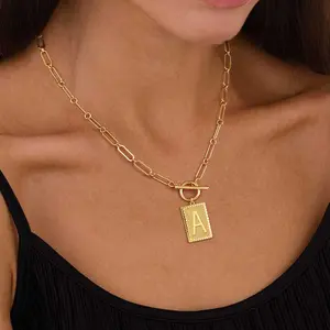 Tewiky Gold Initial Necklaces for Women Elegant Toggle Clasp Square Letter Pendant Trendy Dainty Paperclip Chain Jewelry Gifts for Special Occasions