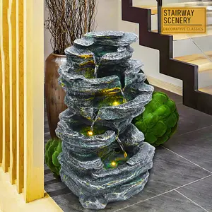 6-Tier Cascading Rock Water Fountain, Outdoor Water Fountain with LED Warm Light, Outside Patio Water Features Fountain, Garden Waterfall Decor for Patio, Backyard, Porch and Home Art Decor