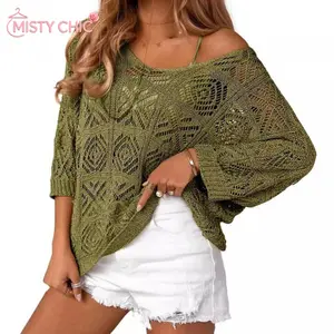 MISTY CHIC Boho Crochet Knit Top With Openwork Pattern And Dolman Sleeves, Loose Fit Casual Cover-Up Perfect For Vacation Days And Creating Viral Effortless Chic OOTDs That Stand Out