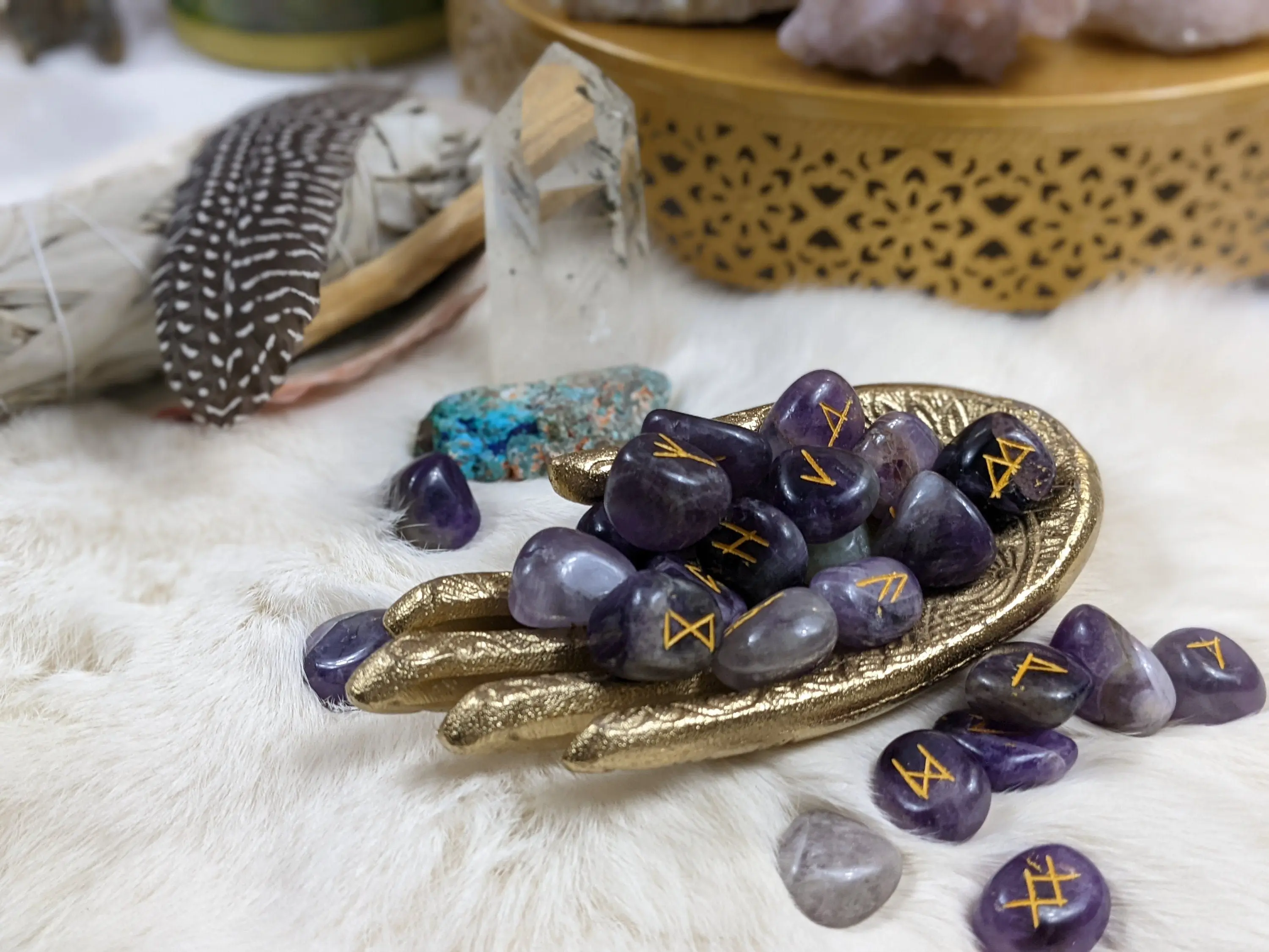Purple Amethyst Rune Set w/ Storage Pouch Elder Futhark Engraved Complete Set 24 + One Blank Divination Norse Viking Crystal Runestones