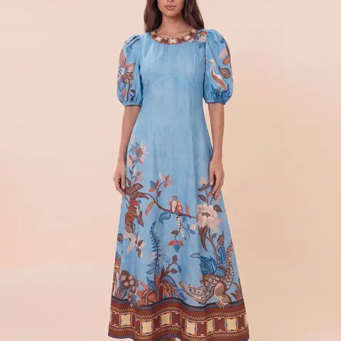 LikeMyChoice Women's Unique Graffiti-Print Bell-Sleeve Casual and Fashionable Round-Neck Linen Dress; Short-Sleeve Bubble-Sleeve Round-Neck Contrast-Color Hem A-Line Flowy Vacation Beach Maxi Dress