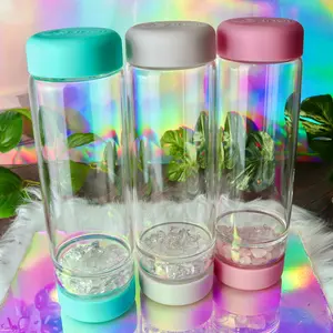 Crystal Water Bottle with Quartz Gemstone Chamber & Flower of Life Symbol