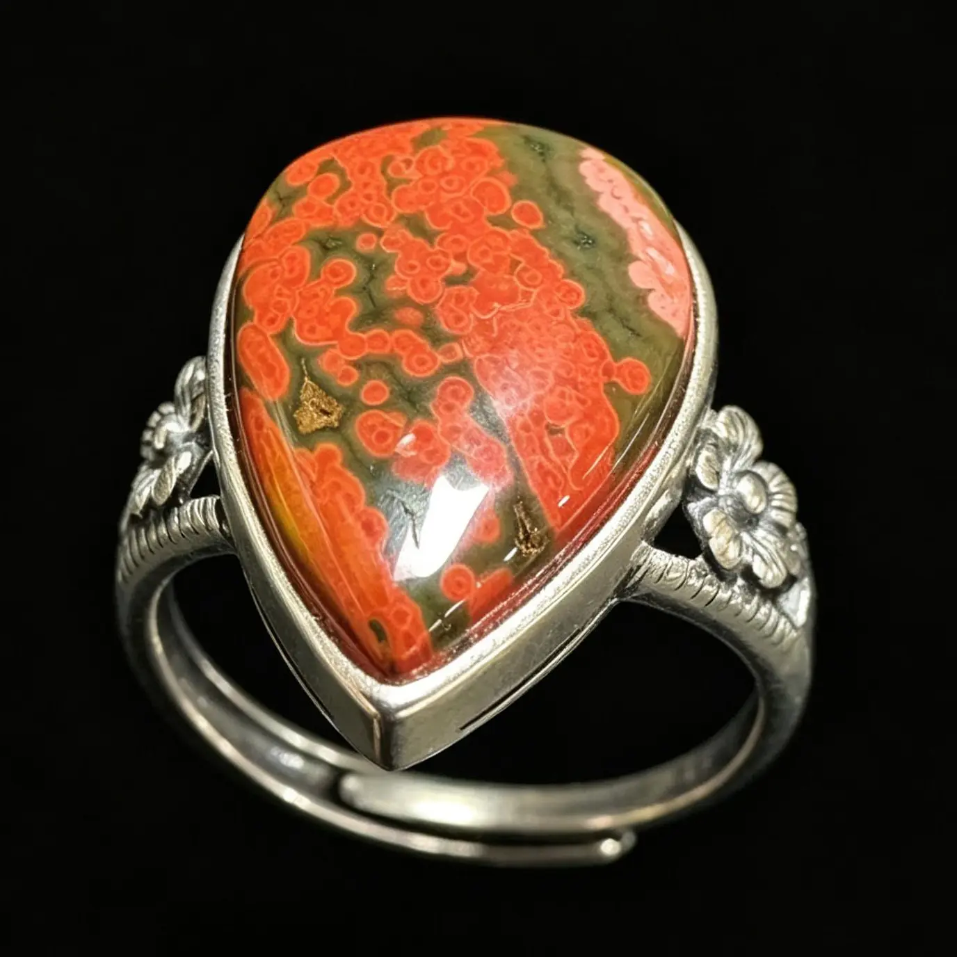 925 Sterling Silver Natural Ocean Jasper Teardrop Adjustable Ring