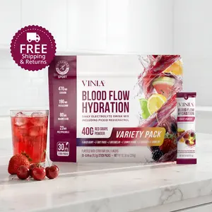 VINIA Blood Flow Hydration Sticks | Naturally Sourced Electrolytes + 470mg Sea Salt Sodium, 80mg Marine Magnesium & 400mg Red Grape Polyphenols (Resveratrol) | Energy & Circulation Support, 10 Servings or 30 Servings