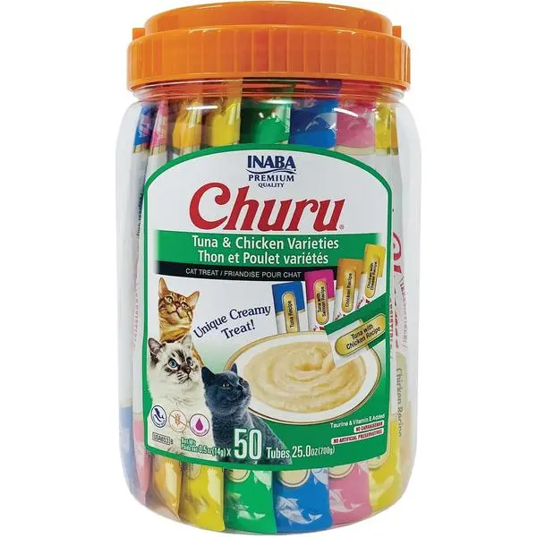 Churu Cat Treats, Grain-Free, Lickable, Squeezable Creamy Purée Cat Treat/Topper with Vitamin E & Taurine, 0.5 Ounces Each Tube, 50 Tubes, Tuna & Chicken Variety