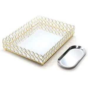 Decorative Tray Metal Mirrored Vanity Trays Crystal Ornate Perfume Jewelry Makeup Dish Dresser Countertop Organizer for Home Decoration & Holiday Party (Rectangle, 12X9In, Gold) Lindlemann