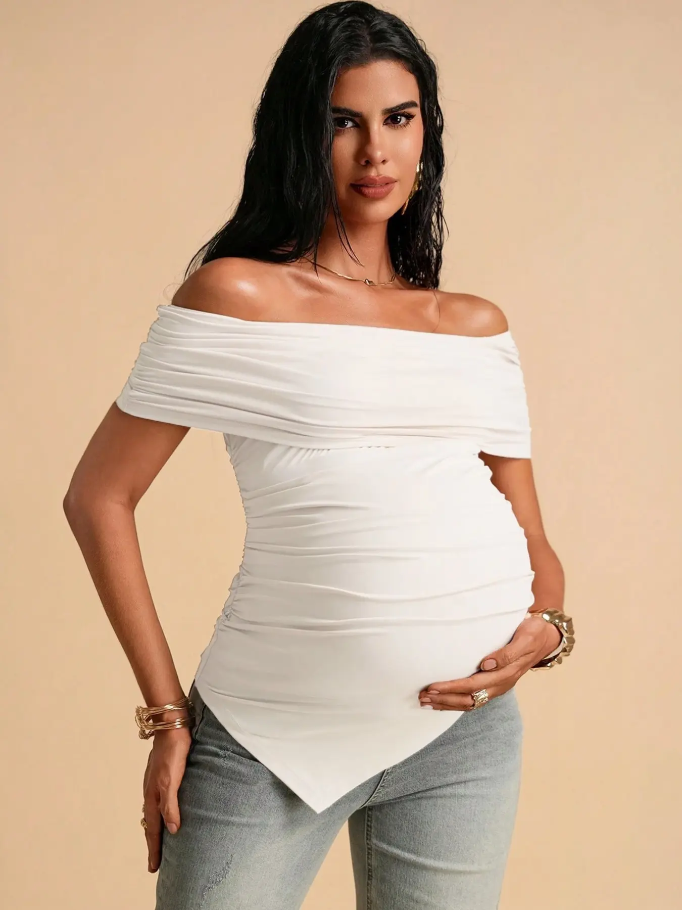 Fashionable Asymmetrical Pregnant T-Shirt, Solid Color Design, High Elastic Comfort, One-Shoulder Top for Daily Wear and Pregnancy, Maternity Summer Clothes, Maternity Apparel
