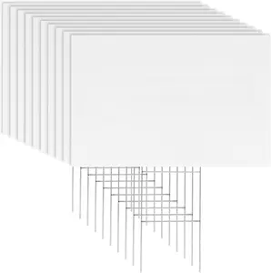 10 Pack 18 x 12 Inches White Corrugated Plastic Yard Sign with Metal Stakes for Birthday,  Garage  Signs, Rent, Guidepost Decorations