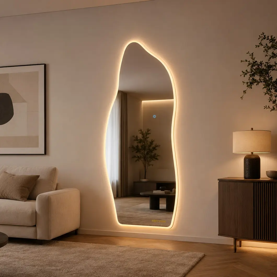 65"x25" Reflective Frameless Irregular LED Full-Length Mirror, Wall-Mounted Asymmetrical Lighted Body Mirror with 3 Color Temperatures, Stepless Dimming, Touch Control, Tempered Glass, Easy Installation for Bedroom, Home Decor