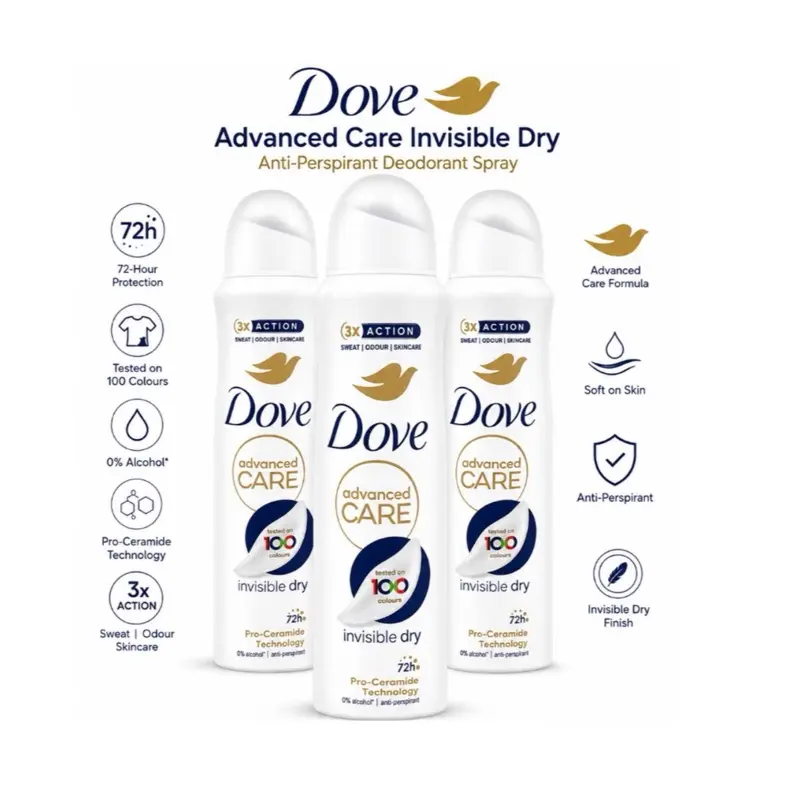 Dove Advanced Care Invisible Dry Anti-Perspirant Deodorant Spray - 72H Protection, 0% Alcohol, Pro-Ceramide Technology, 100-Colour Tested, Pack of 3 x150ml