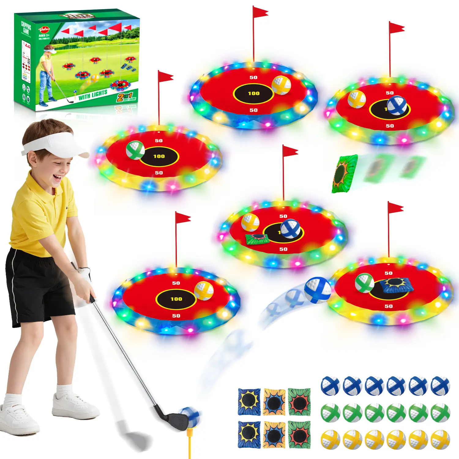 VATOS 2-in-1 Light up Golf for Kids- Golf Chipping Game & Bean Bag Toss with 6 LED Targets, 2 Clubs, 18 Balls, Night Golfs Play for Indoor Outdoor Party Yard Golfer Gifts Sports Toys for Kids 5-12