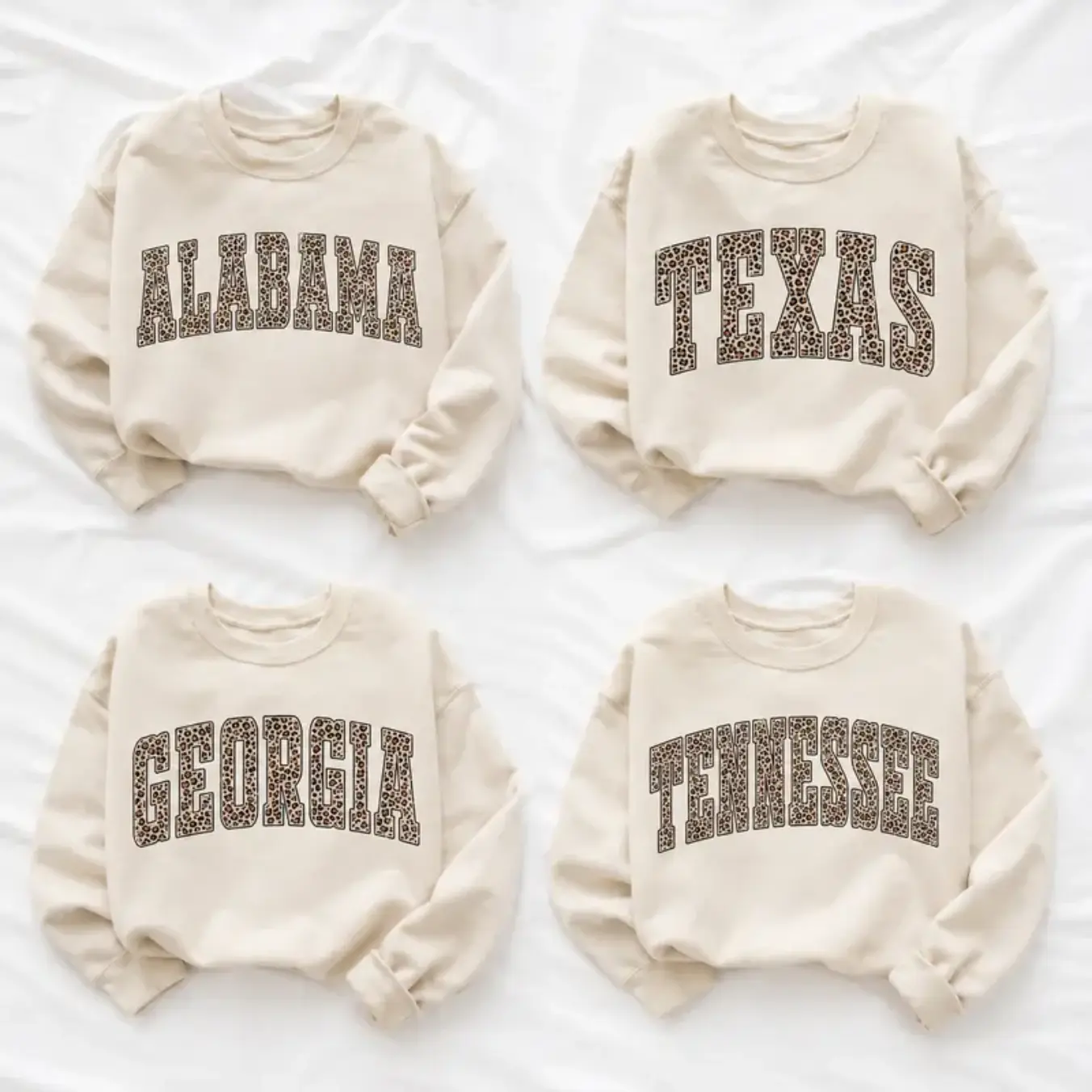 Leopard All 50 States Sweatshirt - Any State Name Graphic Crewneck, 50 States Leopard Print Shirt, Varsity Style Pullover, Personalized State Pride Gift for Her