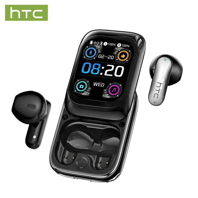 HTC NE48 Slider LCD Wireless Earbuds - Portable Bluetooth 6.0 In-Ear Monitor Mini Instant Smart Earphones & Headphones, Multifunctional Rechargeable LED Display, Built-in Mic, App Compatibility, Remote/Camera Control, Hands-Free for Phones, Sports Use, Po