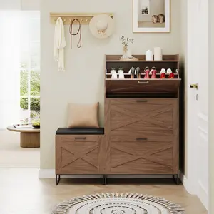Shoe Cabinet with 2 Flip Drawers, 3 Tier Hidden Wood Narrow Shoe Cabinet with Shoe Bench, Wooden Shoe Organizer Cabinet with Farmhouse Doors for Living Room, Hallway- Walnut
