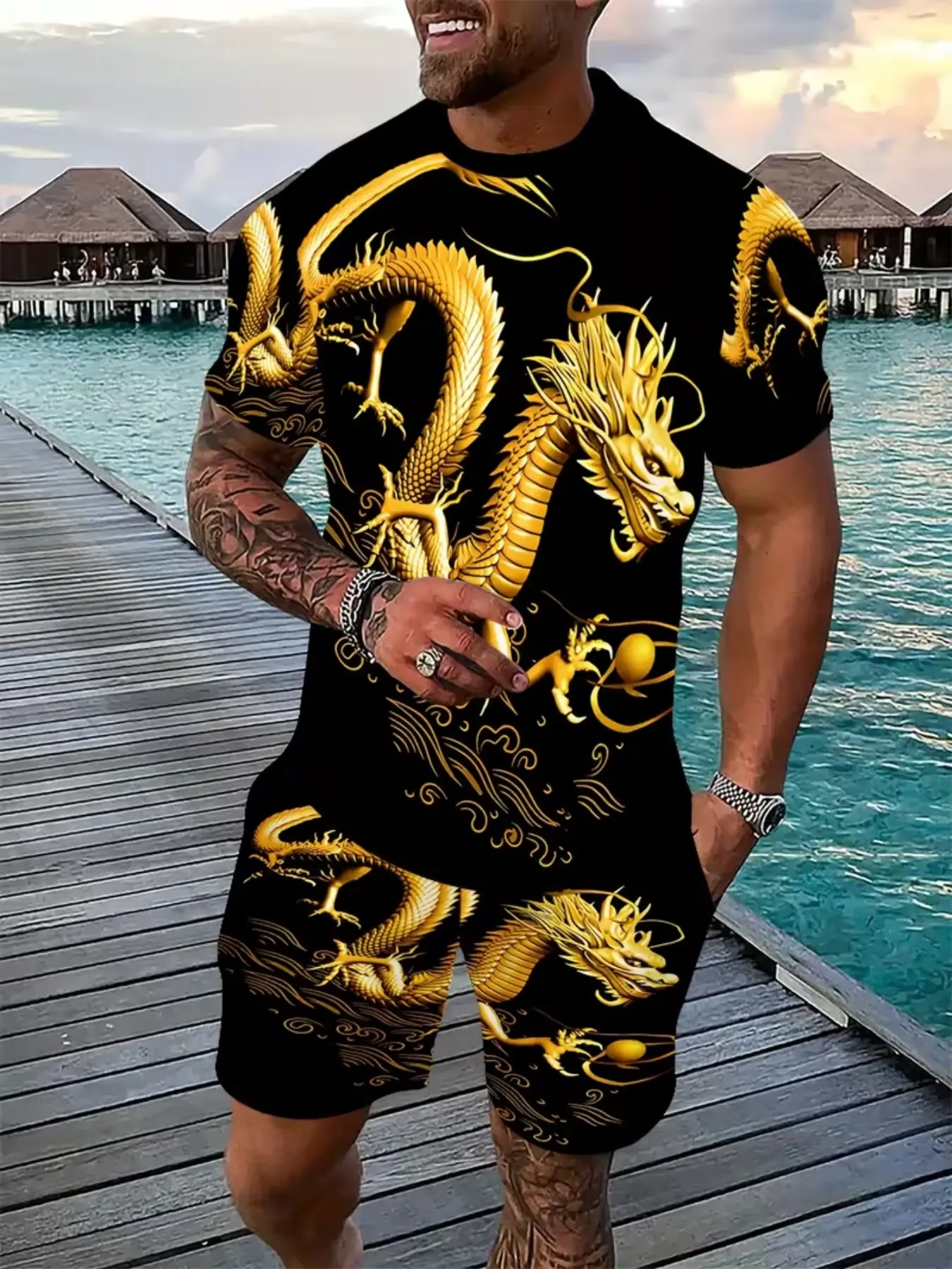 Men's 3D Dragon Print Summer Crop Top Tee and Short Set, Design, Polyester Fabric, Casual Style, Outdoor Sports, Party Wear