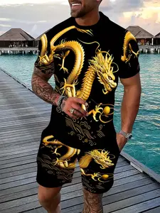 Men's 3D Dragon Print Summer Tee and Short Set, Design, Polyester, Casual Style, Outdoor Sports, Party Wear