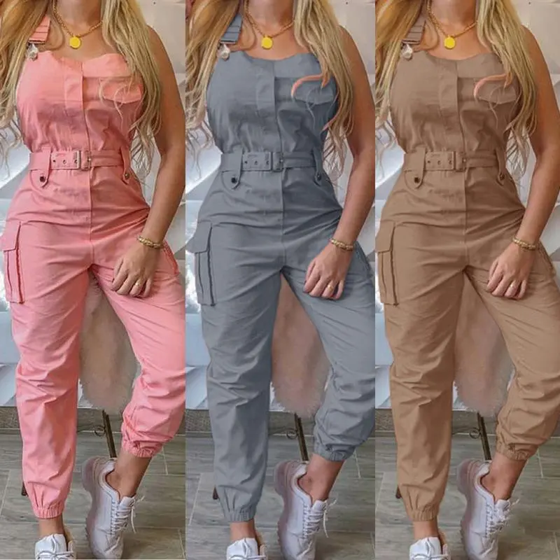 Women's Basic Casual Sleeveless Work Overalls with Waistband Belt - Sports Outerwear Clothes (Includes Leggings) - Solid Colors, 2XL-3XL Sizes, Sporty Chic
