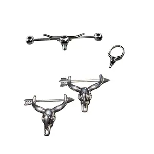 16G Long Horn Bull Industrial, 14G 15mm Bull Nipple Rings, and 16G 8mm Bull Septum