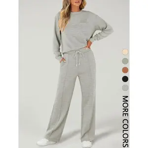 2-Piece Women’s Casual Long Sleeve Pocket Sportswear Set, Stylish Comfortable Wide-Leg Athletic Set for All Seasons