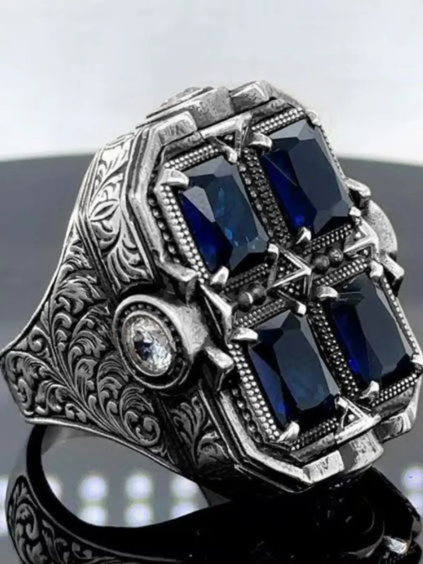 Men's Fashion Ring with Synthetic Blue Sapphire, Punk Style, Perfect for Valentine's Day, Wedding, Party, Birthday Gift, Marquise Cut Ring, Jewelry Gifts