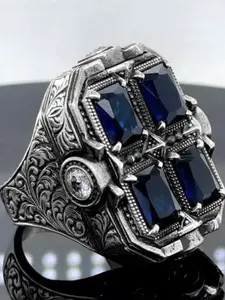 Men's Fashion Ring with Synthetic Blue Sapphire, Punk Style, Perfect for Valentine's Day, Wedding, Party, Birthday Gift, Marquise Cut Ring
