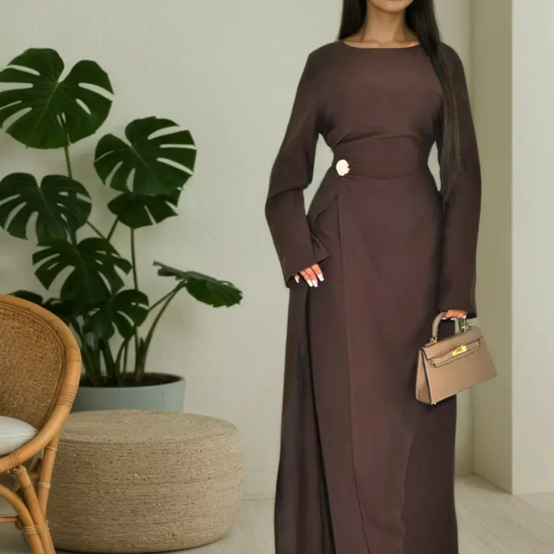 Muslim Women Plain Simple Dress with Back Tie, Modest Muslim Waist Cinching Buttons Dress for Friend Gatherings & Casual Occasions, Classy Modest Dresses, Long Sleeve Dresses, Modest Muslim Clothing, Modest Clothes
