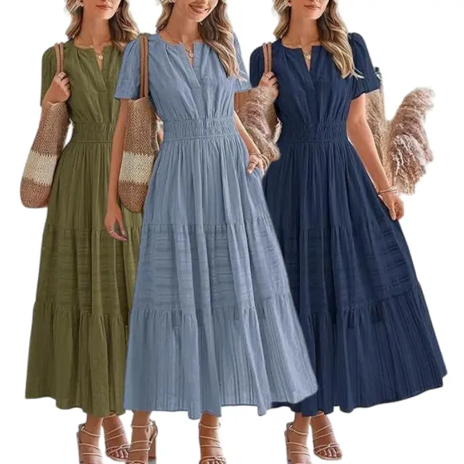 VVZ Women's Elegant V-Neck Puff Sleeve Tiered Maxi Dress - Comfortable Casual Wear Style for Ladies, Brunch & Vacation Summer Outfit