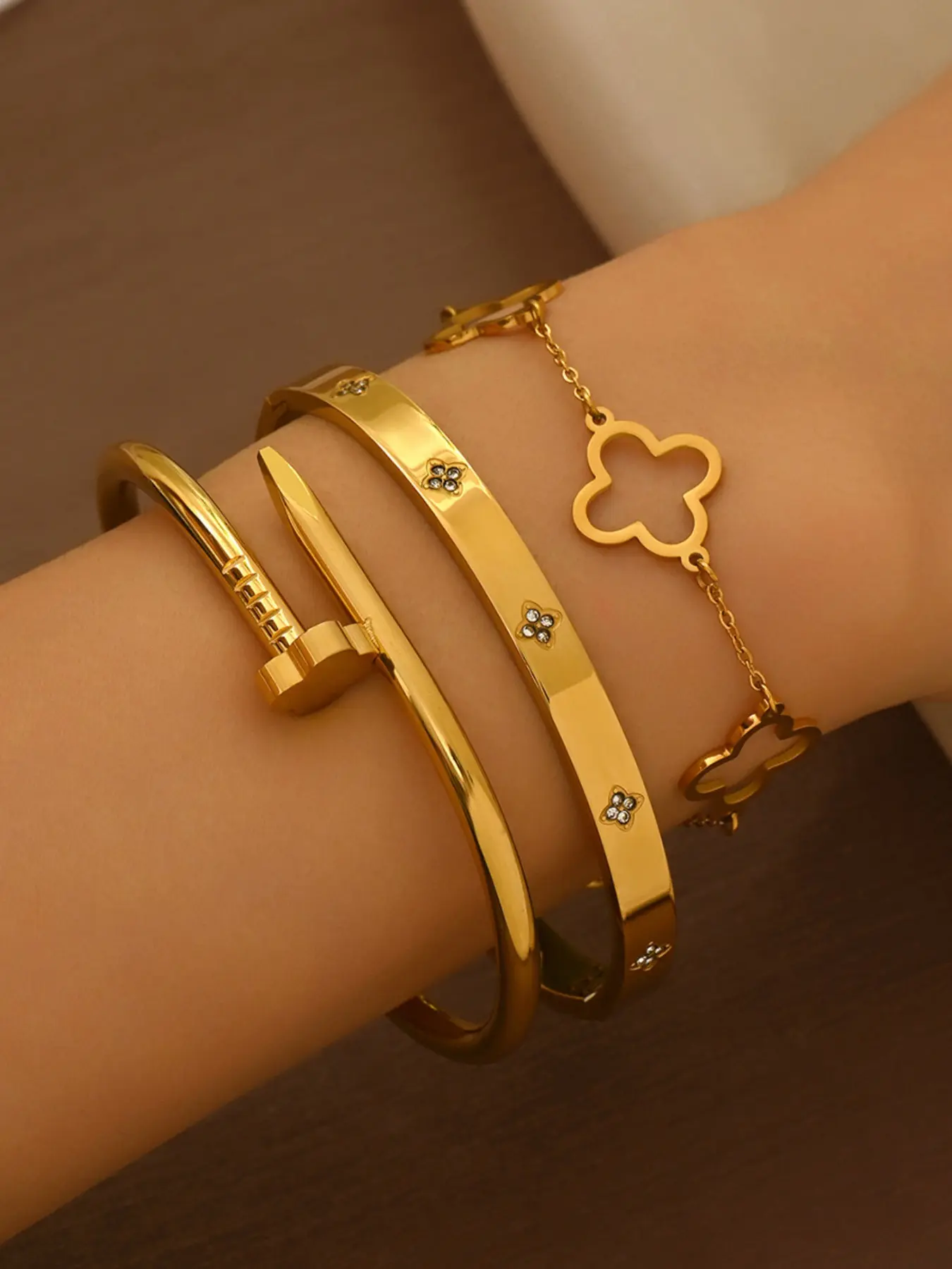 Women's Stainless Steel Bangle Bracelet Set, Chain & Flower Design Jewelry, Fashion Bracelets, Perfect Gift for Mom, Mother's Day, Birthday, Party Wear, Romantic Bracelet Set, Fashionable Bracelet Style