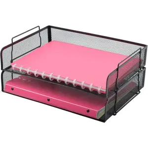 2 Pack Stackable Desk Paper Tray, Metal Mesh Desktop Document Letter File Organizer for Office Home School, 13.5'' L x 9.75'' W x 5.5'' H, Black