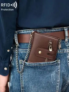 Men's Casual Plain Color Wallet with Chain, Short Wallet, RFID Blocking Card Holder, Double Zipper Coin Purse, Anti-theft Wallet, Ideal Gift for Men