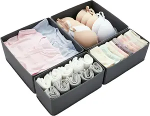 4-Pack Grey Foldable Fabric Drawer Organizer Set with Zipper Bottom, Storage Bins for Clothes Underwear Bra Sock Baby Clothes for Dresser