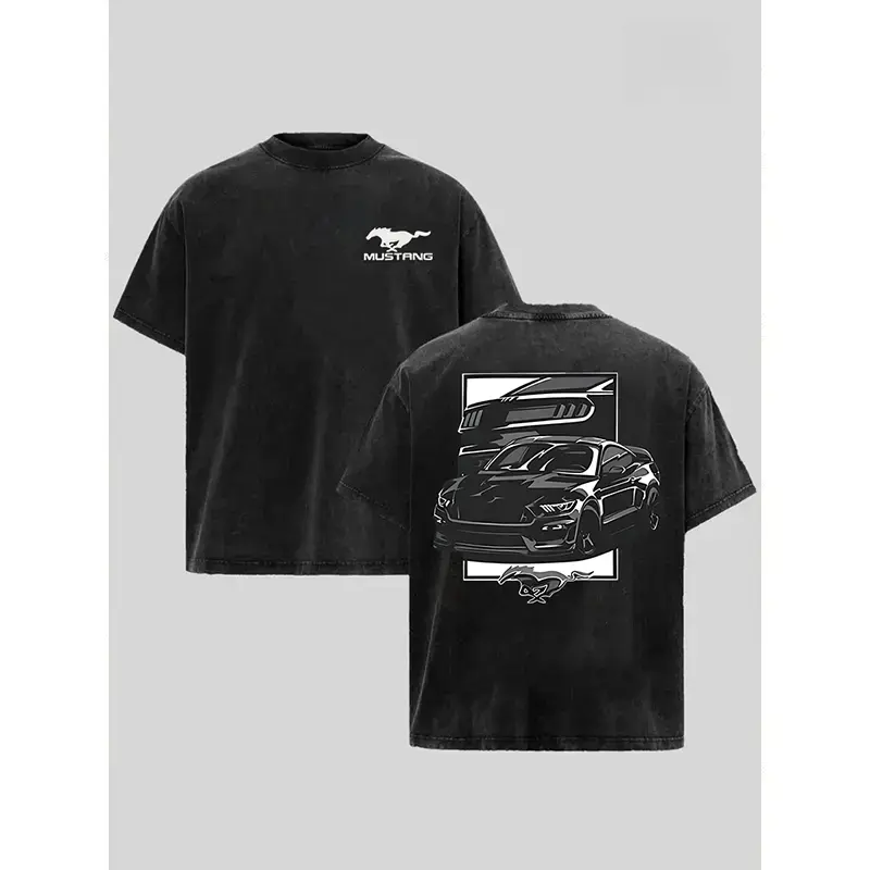 Vintage American Muscle Car Graphic Tee Acid Wash Mineral Black Soft Cotton Retro Racing Style Short Sleeve Round Neck Casual Streetwear Trendy Daily Outdoor Leisure Unisex Top For Men Women Adults All Season Wear
