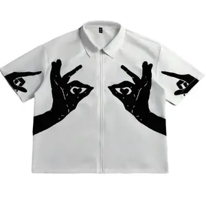 Manfinity EMRG Men's Street Academy Style, INS Matched With A High Street Hip-Hop Oversized Letter Monster And Mouth Pattern Printed Khaki Striped Loose-Fit Short-Sleeve Shirt. This Shirt Features A Zipper Placket Design And Evergreen Striped Patterns, Ma