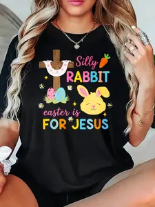 Silly Rabbit Easter Is For Jesus Printed T Shirt Black Cross Bunny Eggs And Carrot Design