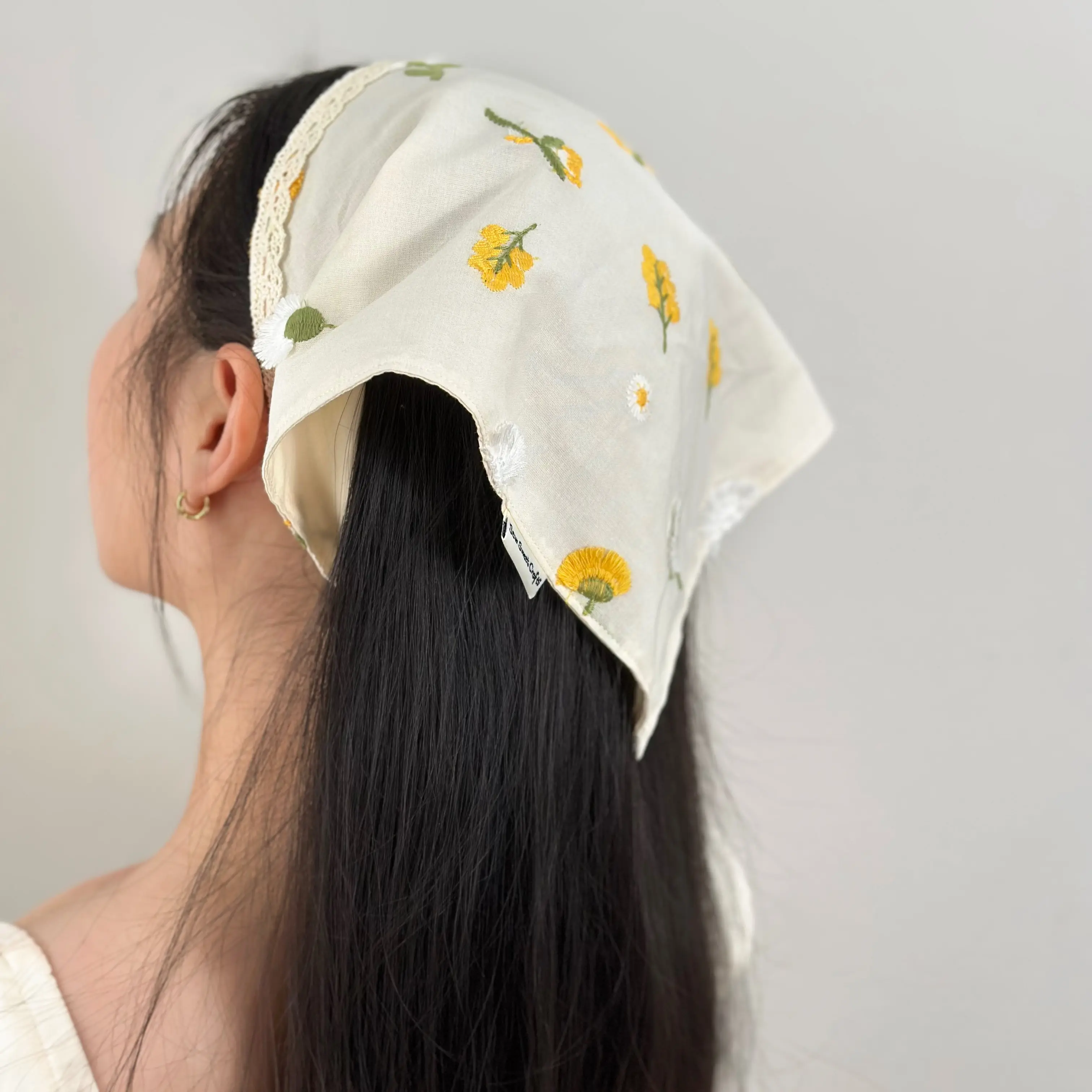 Personalized Gift Embroidered Wildflower Lace Triangle Bandana Cotton Floral Head Scarf