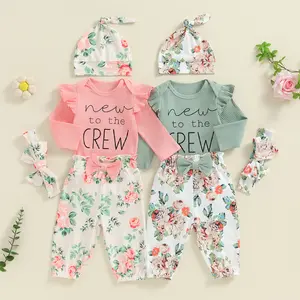 Newborn Baby Girl Clothes Outfits New To The Crew Bodysuit Romper Floral Pants Headband Hat Coming Home Outfits