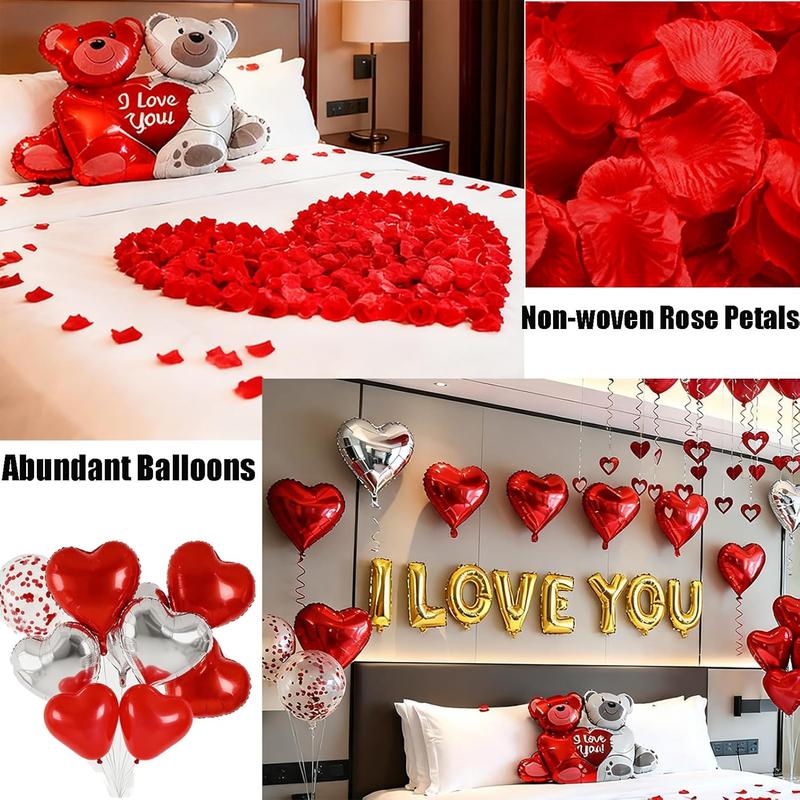54pcs I Love You Heart Balloons Valentines Decoration with 50 Hanging 1000 Silk Rose Petal Bear Heart Shaped Silver Red Balloons for Romantic Night Wedding Anniversary Decor Valentine Day Decorations